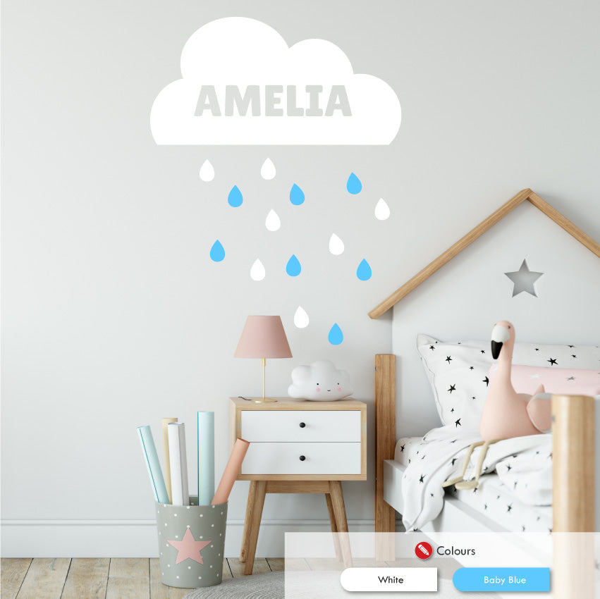 
            
                Load image into Gallery viewer, Personalised clouds and raindrops wall sticker white &amp;amp; baby blue
            
        
