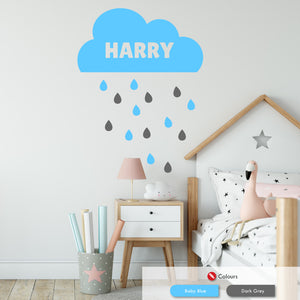 Personalised clouds and raindrops wall sticker baby blue & dark grey