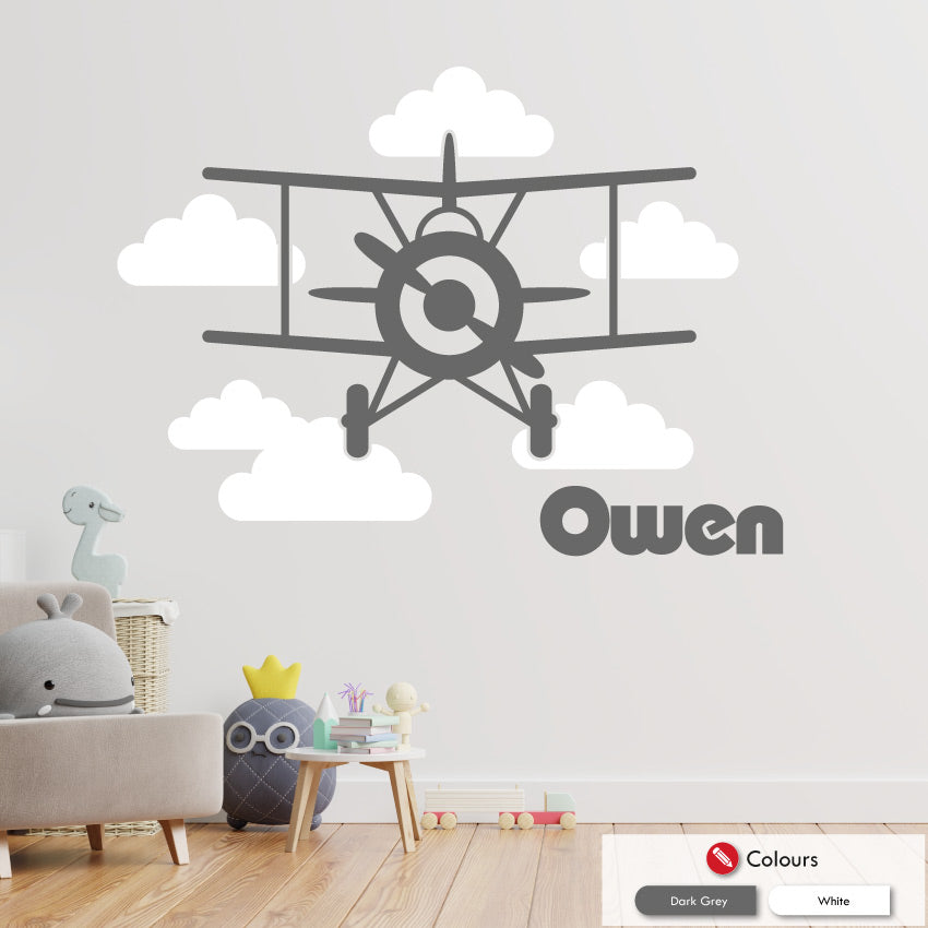 
            
                Load image into Gallery viewer, biplane boys bedroom personalised wall decal dark grey and white
            
        