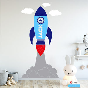 Space rocket personalised nursery wall sticker baby blue