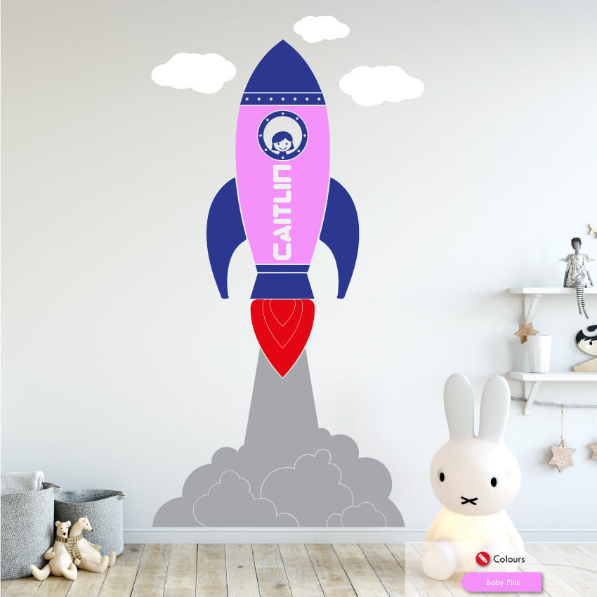 Space rocket personalised nursery wall sticker baby pink