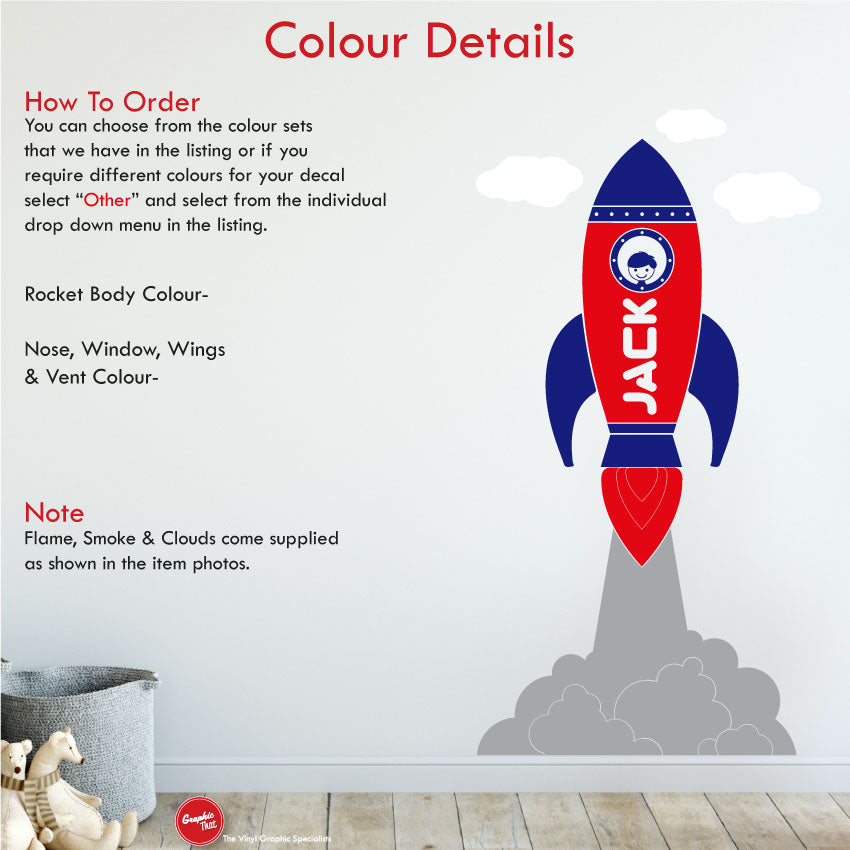 Space rocket personalised nursery wall sticker colour details