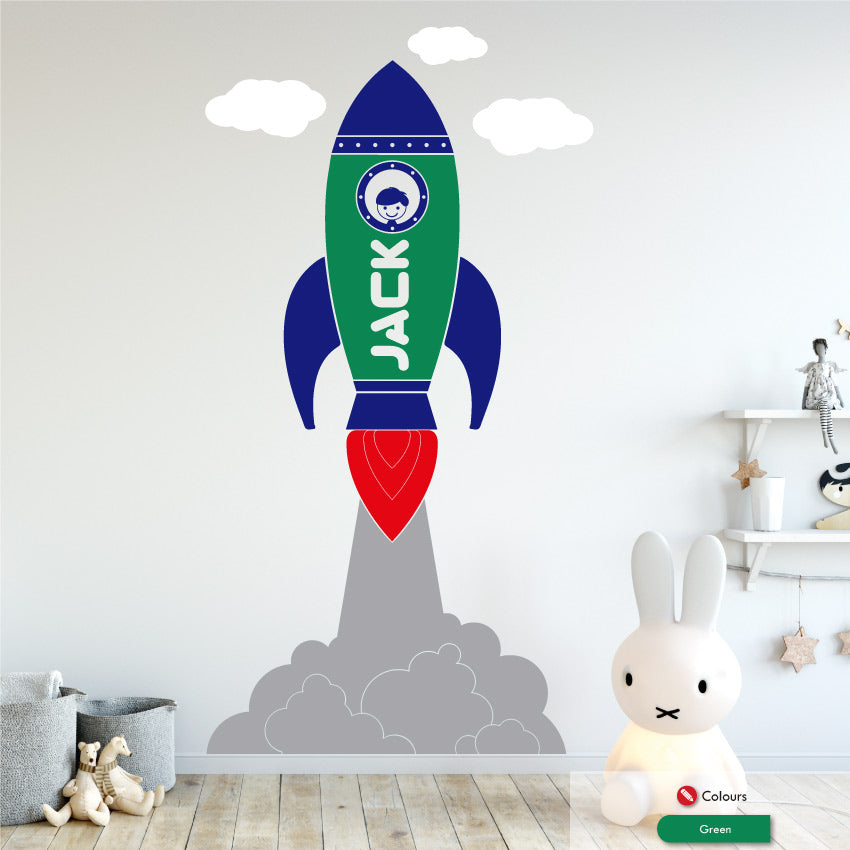 Space rocket personalised nursery wall sticker green
