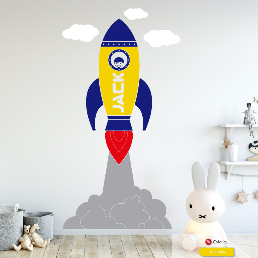 Space rocket personalised nursery wall sticker mid yellow