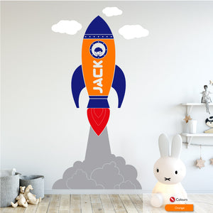 Space rocket personalised nursery wall sticker orange