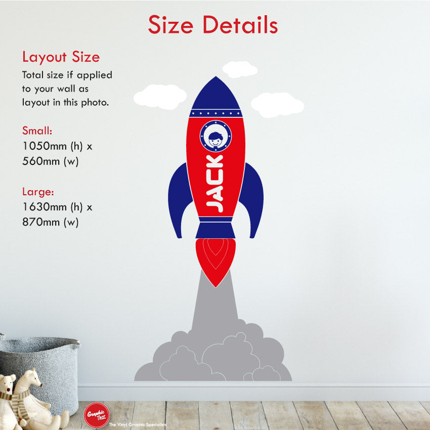 Space rocket personalised nursery wall sticker sizes