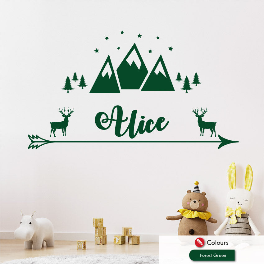 
            
                Load image into Gallery viewer, Stag &amp;amp; mountains personalised wall sticker forest green
            
        