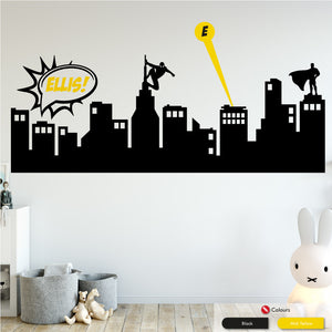 
            
                Load image into Gallery viewer, Superhero Boys Bedroom Skyline Wall Art Sticker Black &amp;amp; Yellow
            
        