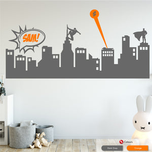 
            
                Load image into Gallery viewer, Superhero Boys Bedroom Skyline Wall Art Sticker Dark Grey &amp;amp; Orange
            
        