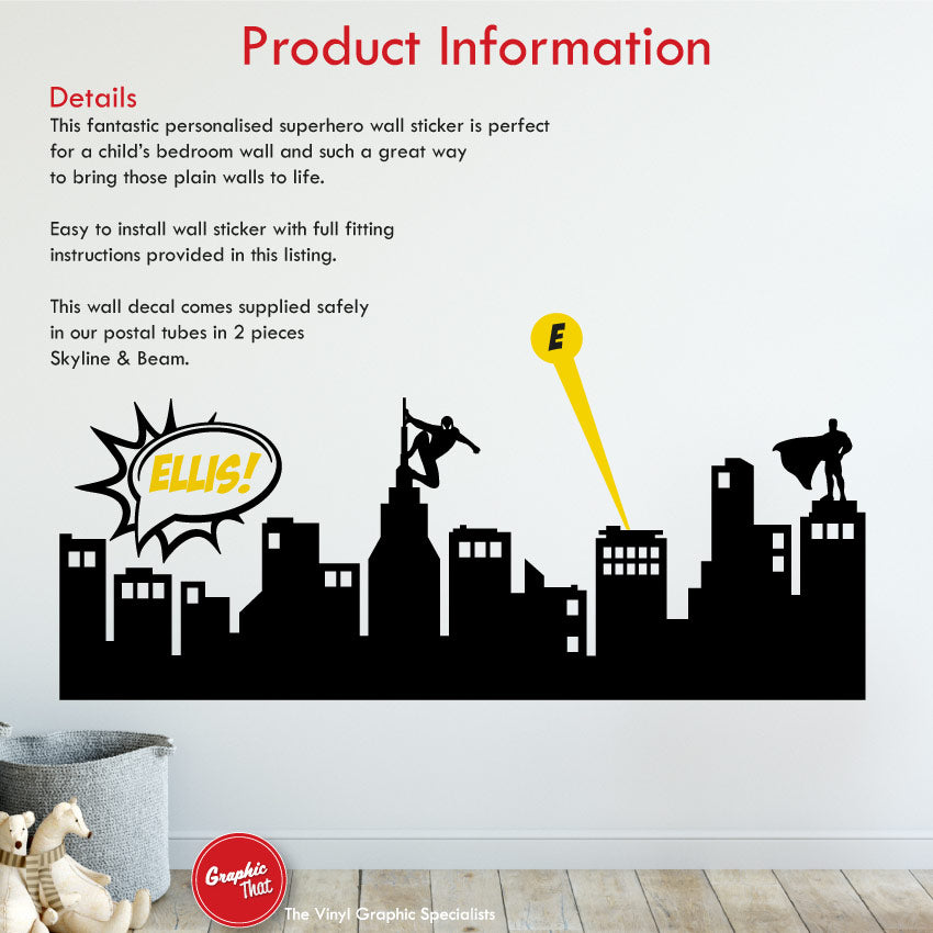 Superhero Boys Bedroom Skyline Wall Art Sticker Product Information