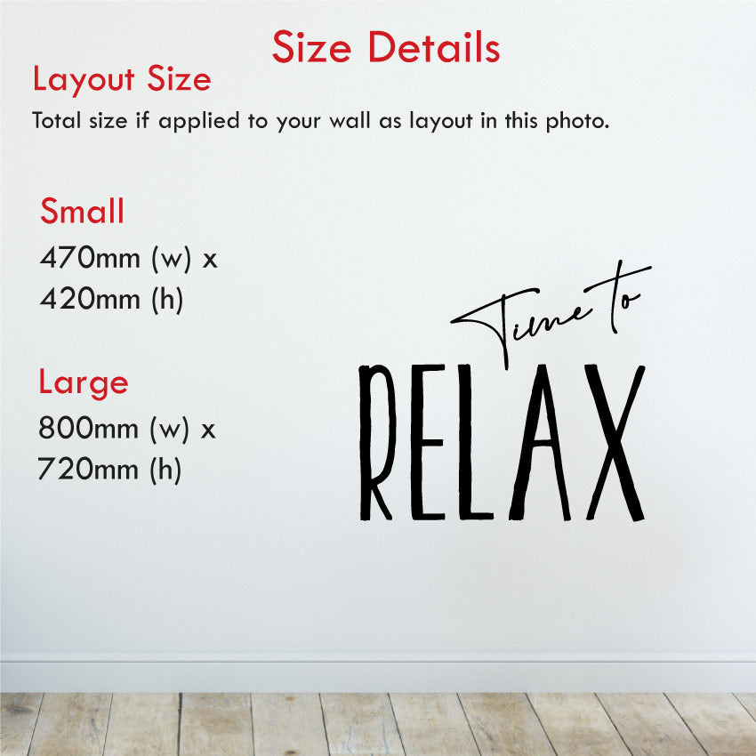 Time to relax bathroom quote wall sticker size details